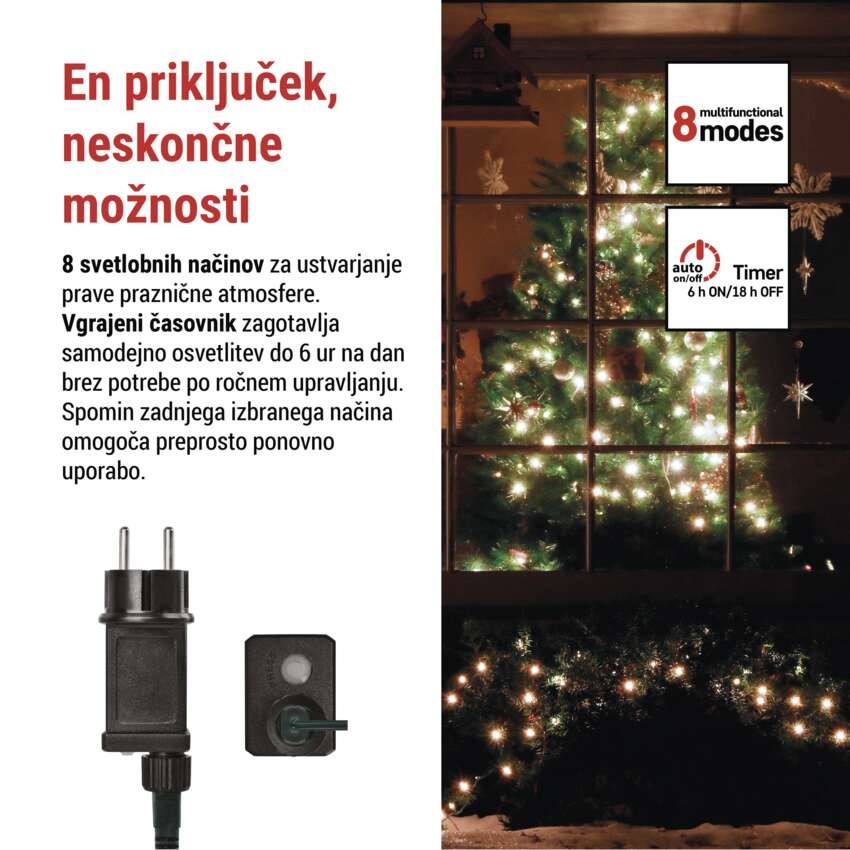 LED božična cherry veriga – kroglice, 8 m, zunan. in notran.,hladna bela,programi,časovnik