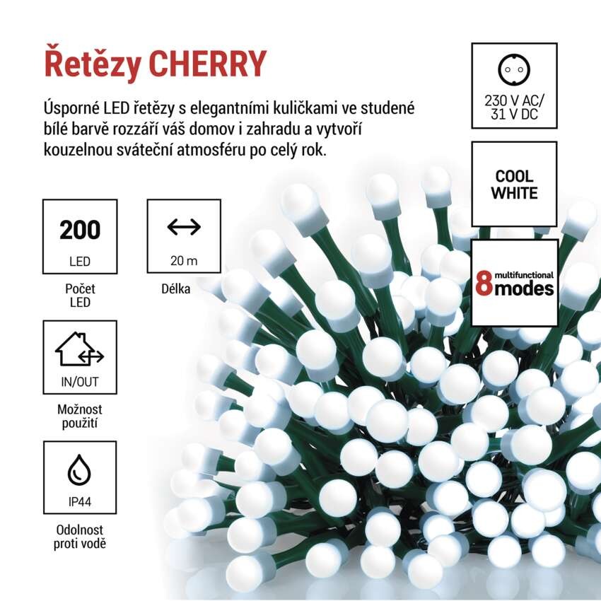 LED vánoční cherry řetěz – kuličky, 20 m, venkovní i vnitřní,studená bílá,programy,časovač