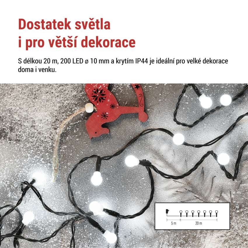 LED vánoční cherry řetěz – kuličky, 20 m, venkovní i vnitřní,studená bílá,programy,časovač