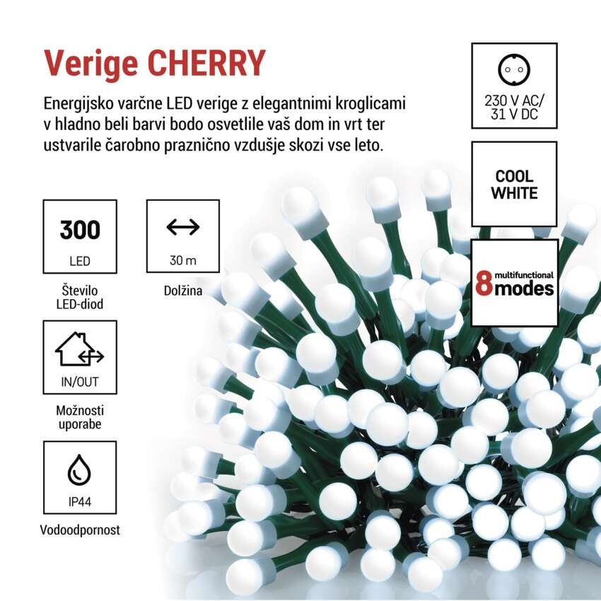 LED božična cherry veriga–kroglice, 30 m,zunan. in notran.,hladna bela, programi, časovnik