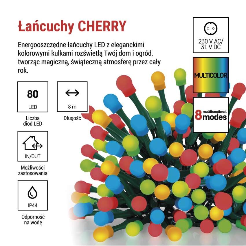 Lampki choinkowe 80 LED cherry 8m, multikolor, zielony przewód, IP44, 8 programów, timer