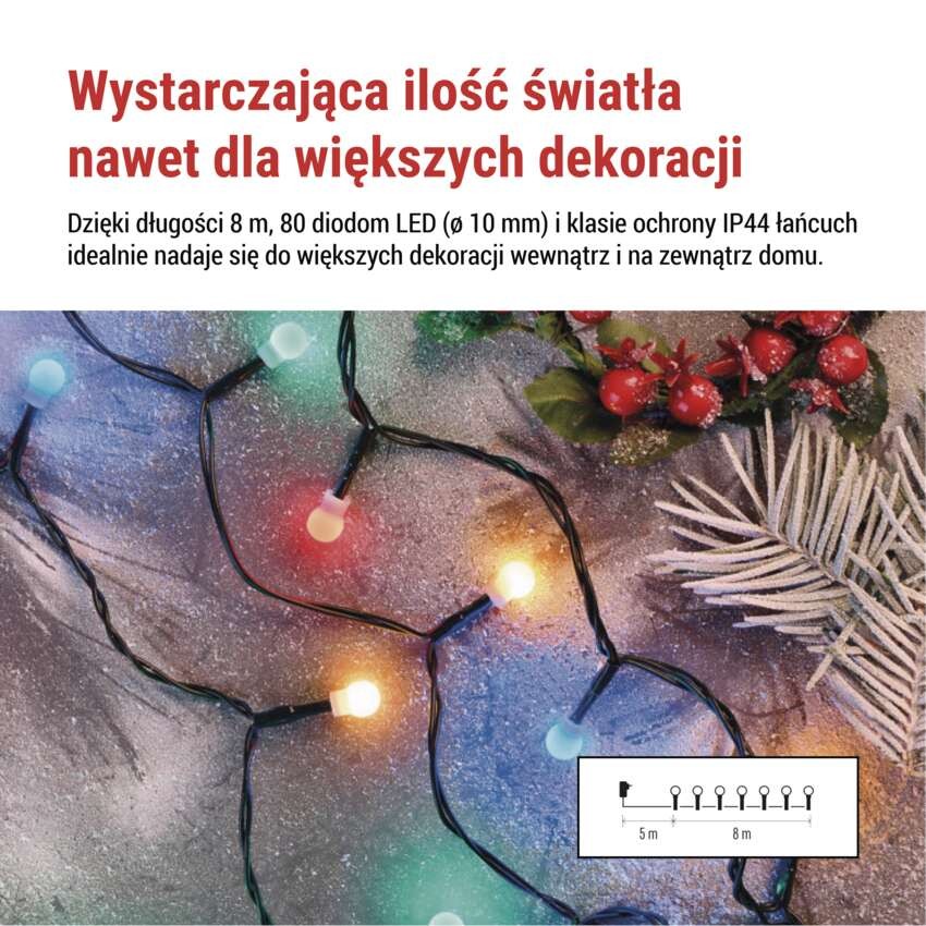 Lampki choinkowe 80 LED cherry 8m, multikolor, zielony przewód, IP44, 8 programów, timer