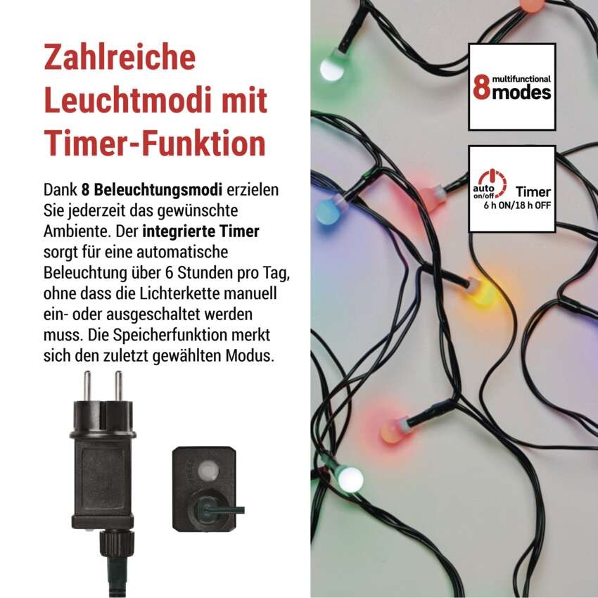 LED Weihnachtslichterkette Cherry–Kugeln, 8 m, Außen und Innen, multicolor,Programme,Timer