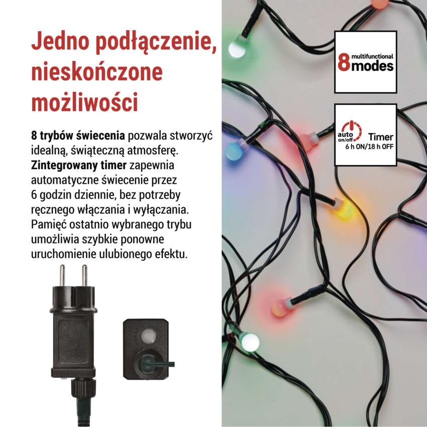 Lampki choinkowe 80 LED cherry 8m, multikolor, zielony przewód, IP44, 8 programów, timer