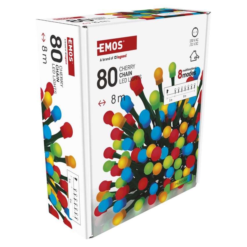 LED vánoční cherry řetěz – kuličky, 8 m, venkovní i vnitřní, multicolor, programy, časovač