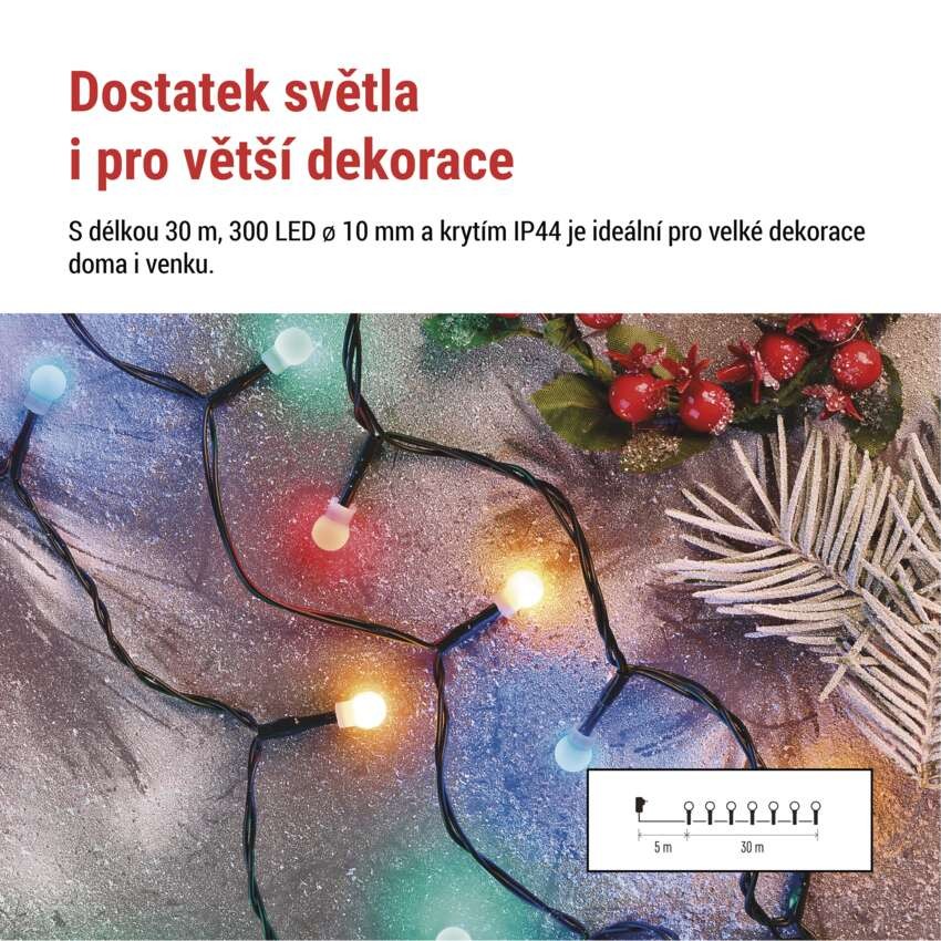 LED vánoční cherry řetěz – kuličky, 30 m, venkovní i vnitřní, multicolor, programy,časovač
