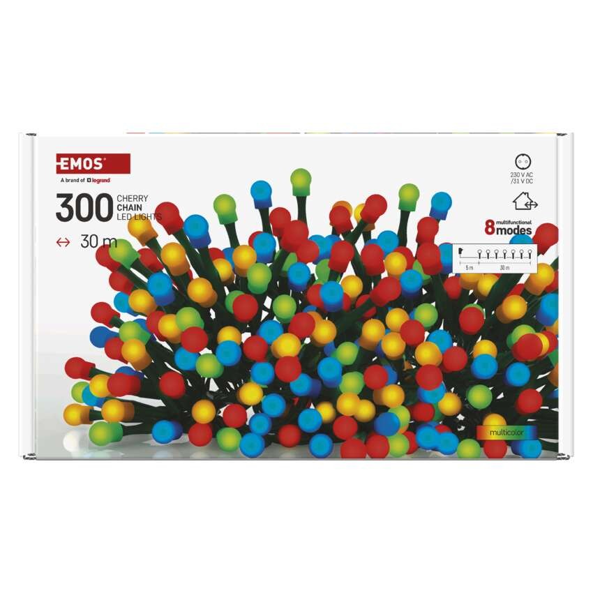 LED vánoční cherry řetěz – kuličky, 30 m, venkovní i vnitřní, multicolor, programy,časovač