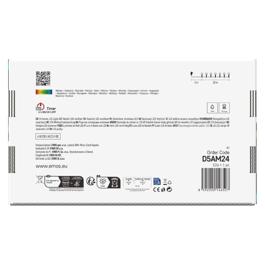 LED vánoční cherry řetěz – kuličky, 30 m, venkovní i vnitřní, multicolor, programy,časovač