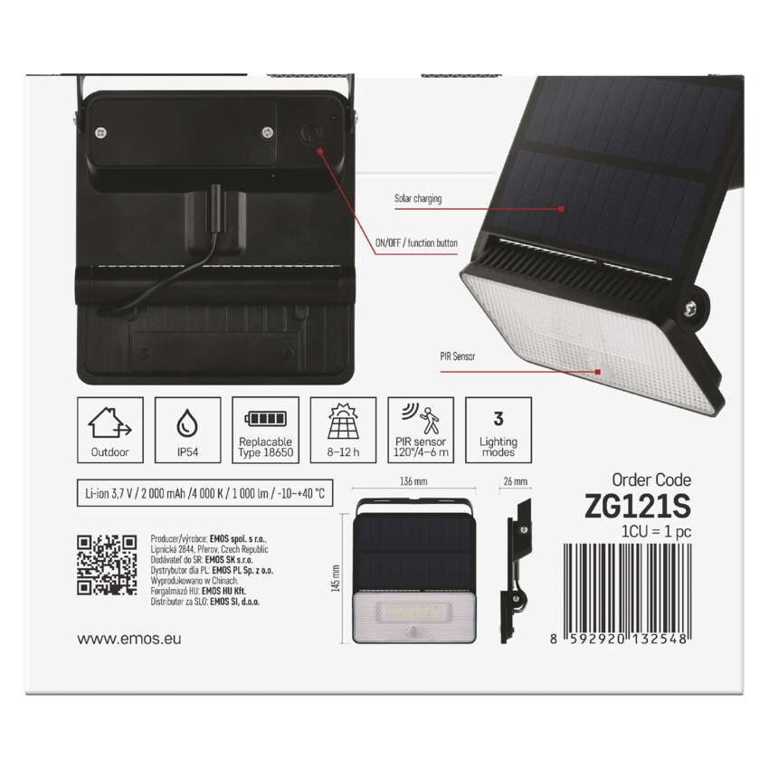 EMOS LED SOLAR reflektor hordozható SOLO, PIR, 1000lm IP54 természetes fehér