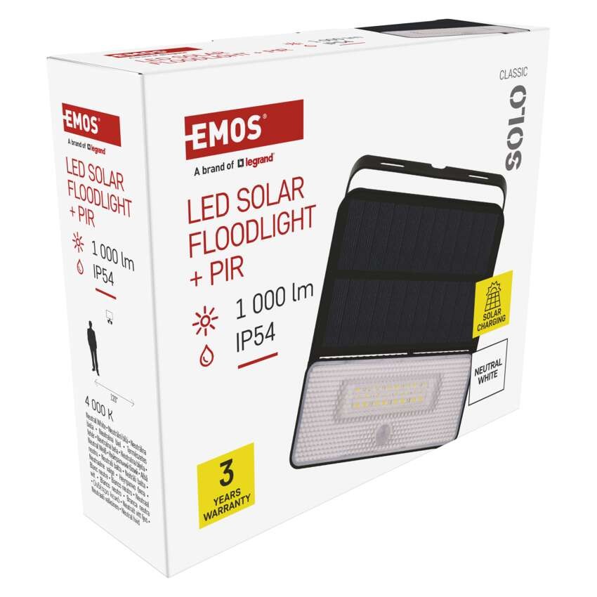 EMOS LED SOLAR reflektor hordozható SOLO, PIR, 1000lm IP54 természetes fehér