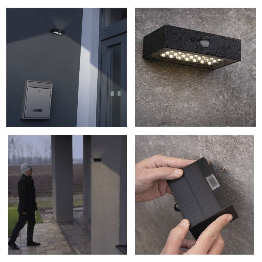 Solární LED svítidlo BRIXO s pohybovým čidlem, černé, neutrální bílá