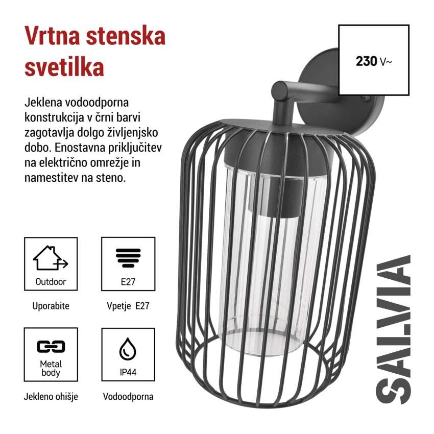 Vrtna stenska svetilka SALVIA, 20,8 x 16 x 28,5 cm, 1 x E27, 15 W