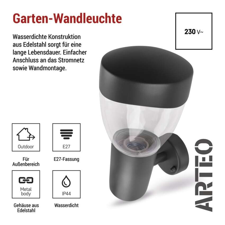 Garten-Wandleuchte ARTEO, 16,4 x 12 x 23 cm, 1 x E27, 15 W