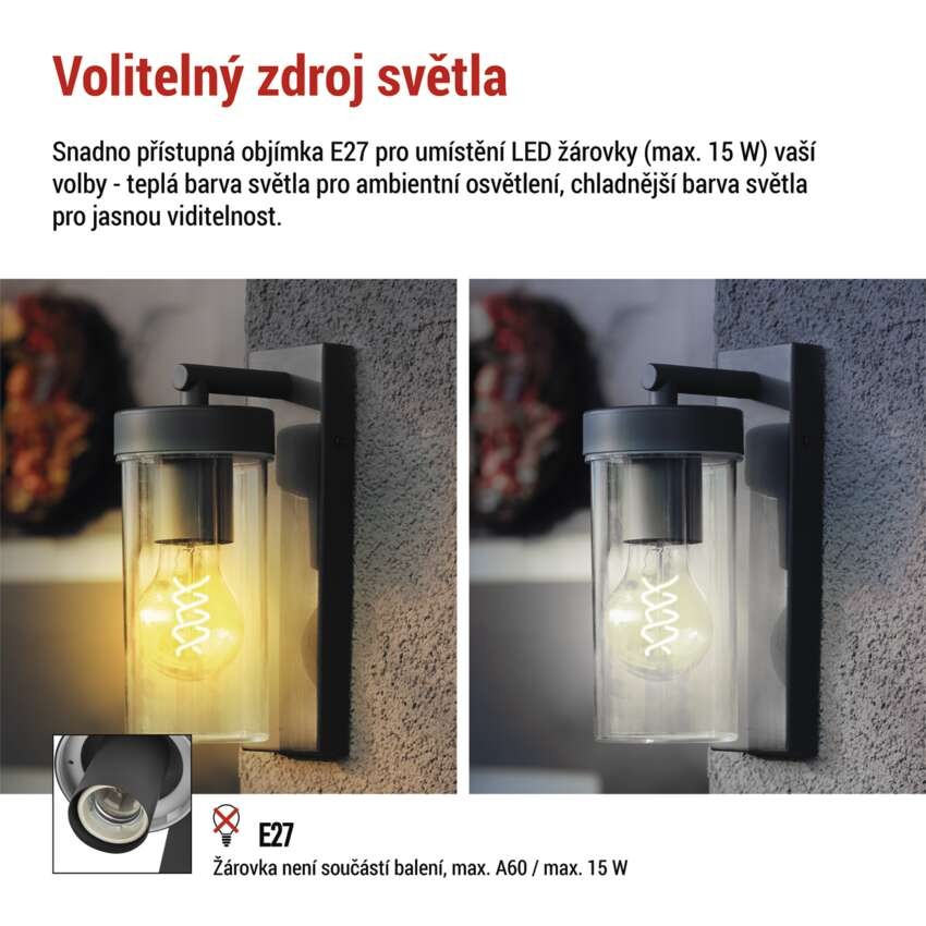 Zahradní nástěnné svítidlo ZALA,  12,8 × 8,0 × 23,0 cm, 1 × E27, 15 W