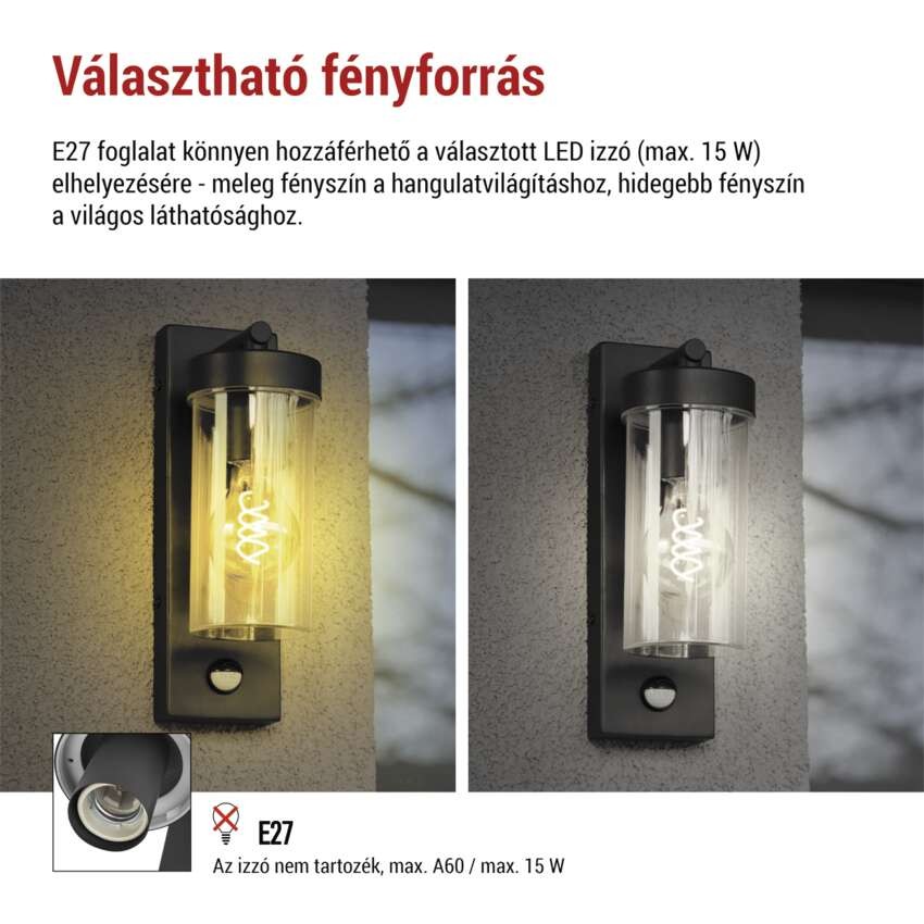 Kerti fali lámpa ZALA szürkületérzékelővel, 12,8 x 8 x 28 cm, 1 x E27, 15 W