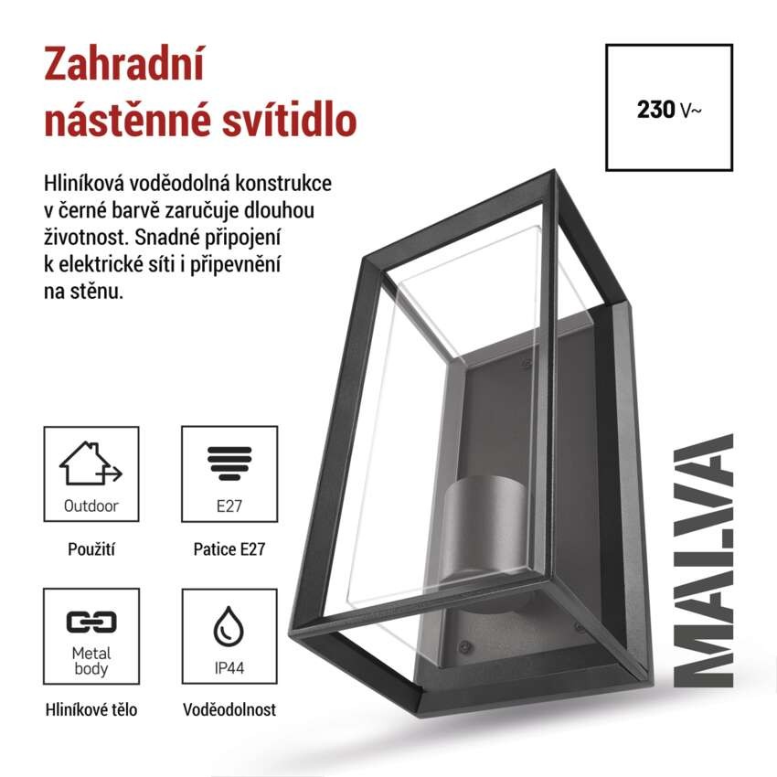 Zahradní nástěnné svítidlo MALVA, 13 x 12 x 25 cm, 1 x E27, 15 W