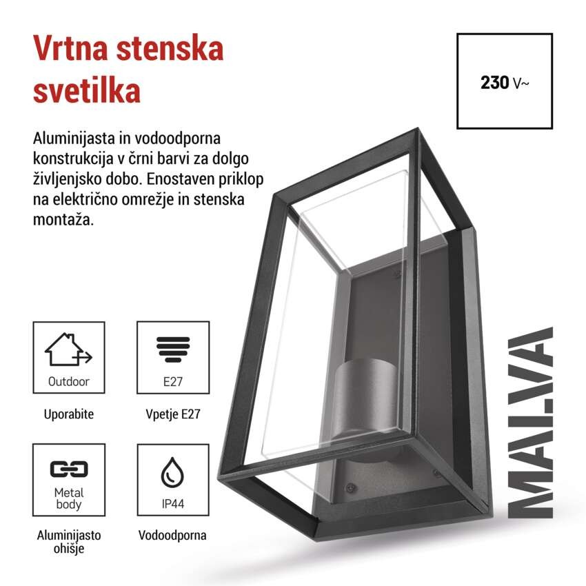 Vrtna stenska svetilka MALVA, 13 x 12 x 25 cm, 1 x E27, 15 W