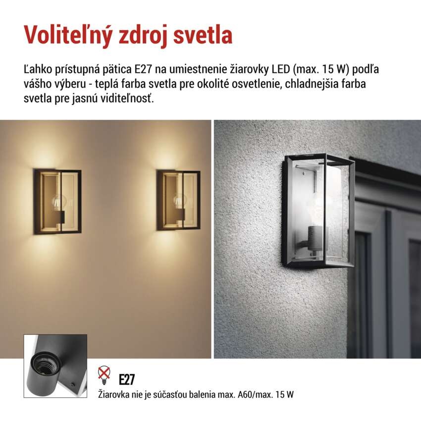 Záhradné nástenné svietidlo MALVA, 13 x 12 x 25 cm, 1 x E27, 15 W