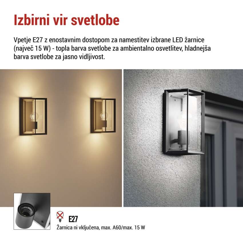 Vrtna stenska svetilka MALVA, 13 x 12 x 25 cm, 1 x E27, 15 W
