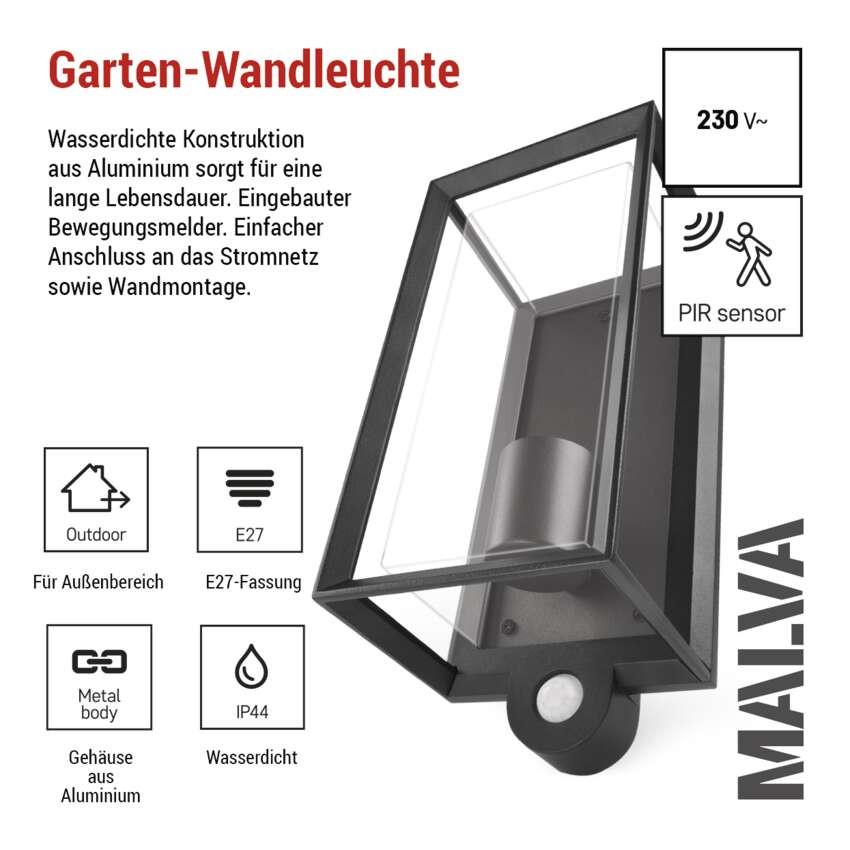 Garten-Wandleuchte MALVA mit Dämmerungssensor, 13 x 12,5 x 28 cm, 1 x E27, 15 W
