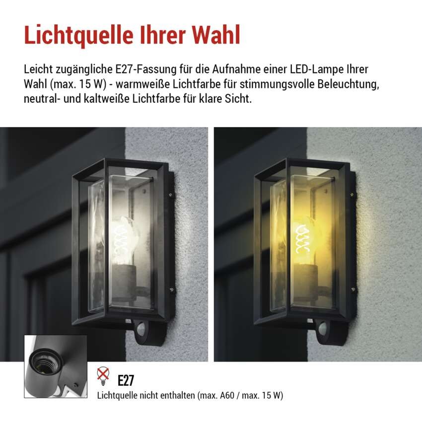 Garten-Wandleuchte MALVA mit Dämmerungssensor, 13 x 12,5 x 28 cm, 1 x E27, 15 W