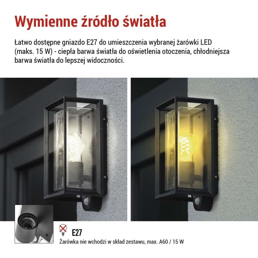 Lampa naścienna Garden MALVA, na żarówkę E27 max 15W, IP44, PIR