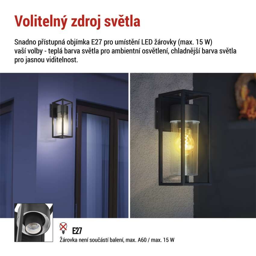 Zahradní nástěnné svítidlo TILLIA, 12,8 x 11 x 27 cm, 1 x E27, 15 W