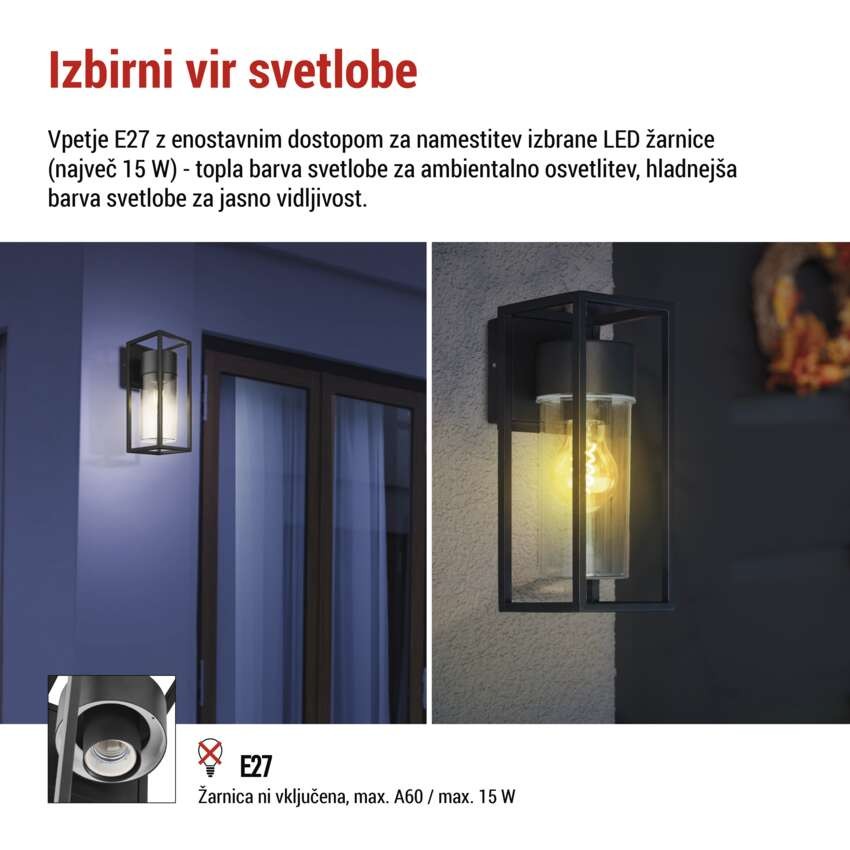 Vrtna stenska svetilka TILLIA, 12,8 x 11 x 27 cm, 1 x E27, 15 W