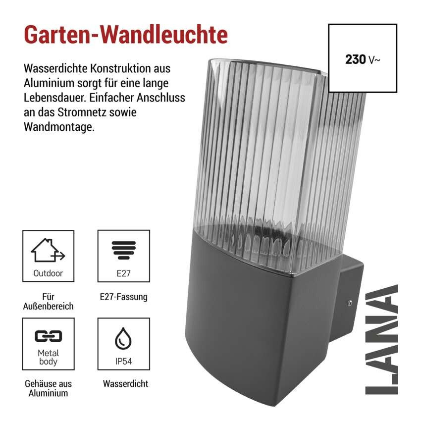 Garten-Wandleuchte LANA, 11,7 x 10,6 x 21,8 cm, 1 x E27, 25 W