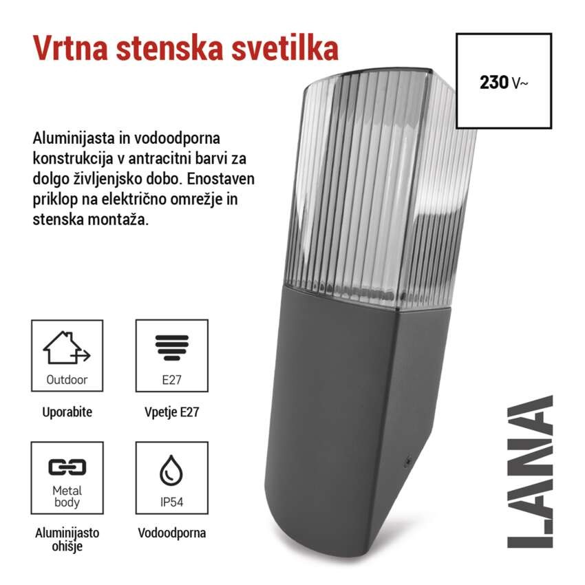 Vrtna stenska svetilka LANA, 10,6 x 8,8 x 28,6 cm, 1 x E27, 25 W