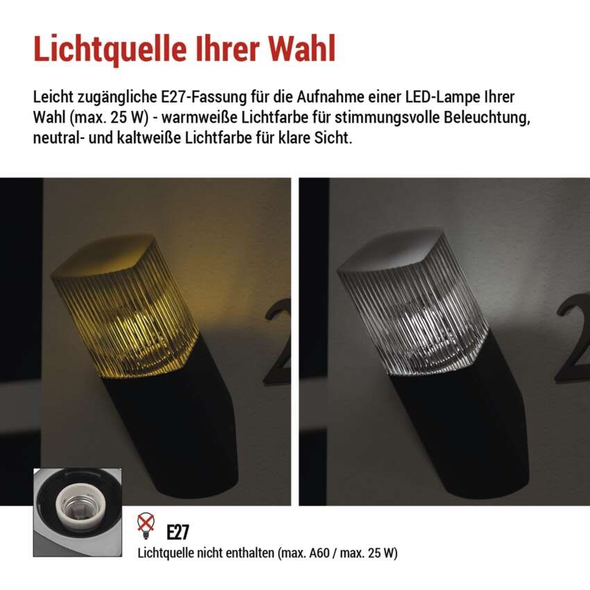 Garten-Wandleuchte LANA, 10,6 x 8,8 x 28,6 cm, 1 x E27, 25 W