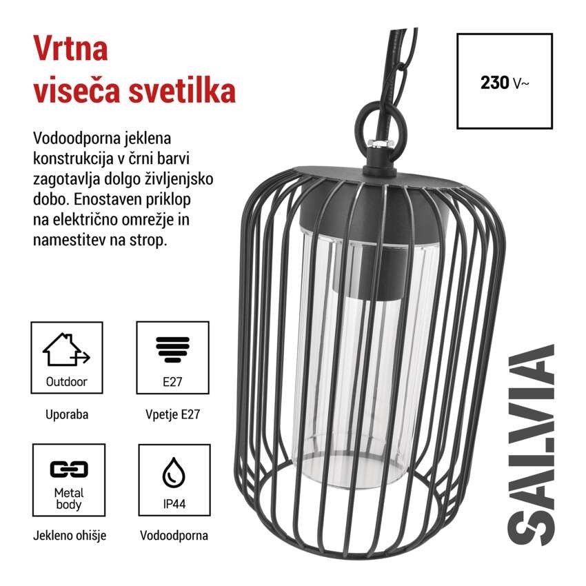 Vrtna viseča svetilka SALVIA, 16 x 16 x 76 cm, 1 x E27, 15 W