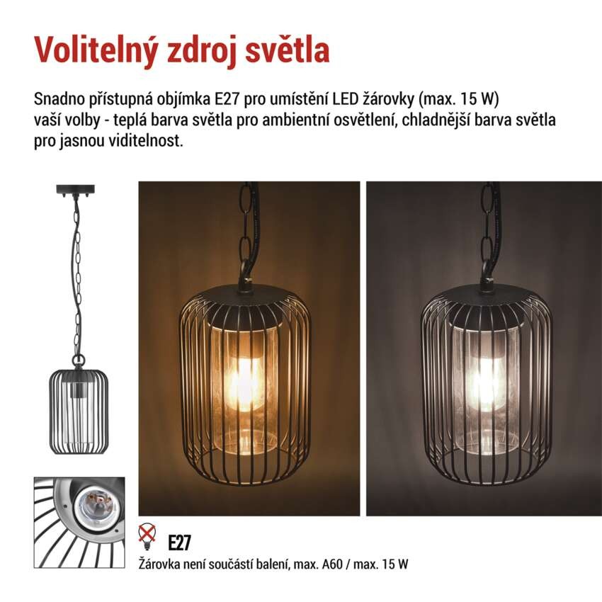 Zahradní závěsné svítidlo SALVIA, 16 x 16 x 76 cm, 1 x E27, 15 W