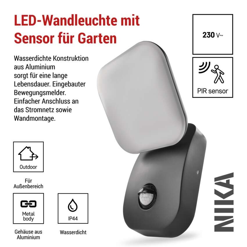 LED Garten-Wandleuchte NIKA mit Dämmerungssensor, 12 x 12 x 20 cm, 12,8 W, warmweiß
