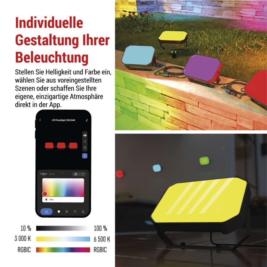 GoSmart LED-Außenstrahler, Starter-Set, 3-teilig, 14 W, RGBIC dimmbar, WiFi