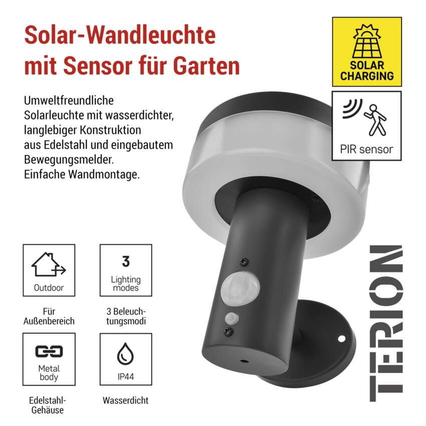 LED Solar-Garten-Wandleuchte TERION mit Dämmerungssensor, 12,5 x 14,7 x 14,6 cm