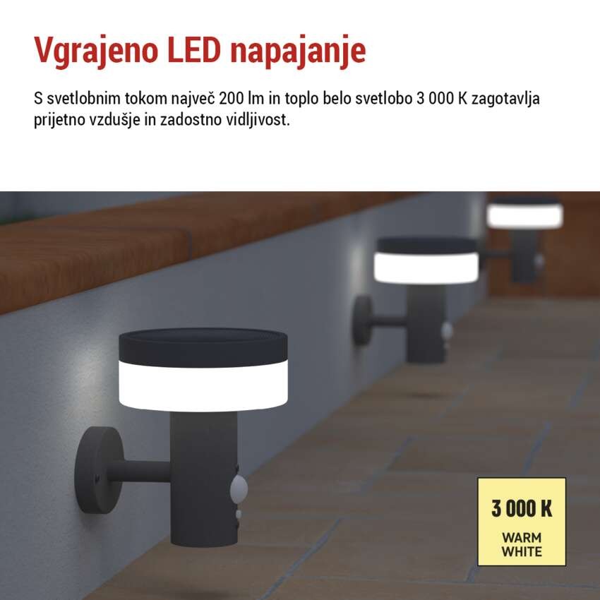 Vrtna LED stenska svetilka TERION s PIR senzorjem, 12,5 x 14,7 x 14,6 cm