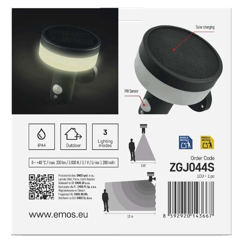Vrtna LED stenska svetilka TERION s PIR senzorjem, 12,5 x 14,7 x 14,6 cm