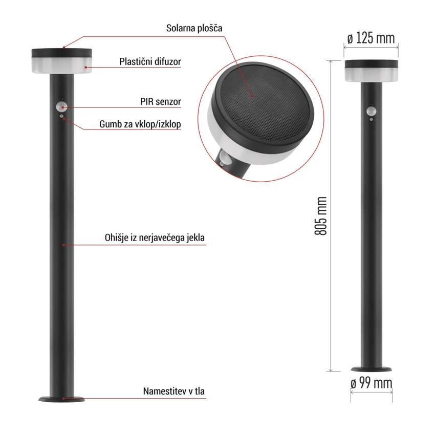 Vrtna LED stoječa svetilka TERION s PIR senzorjem, 12,5 x 12,5 x 80 cm