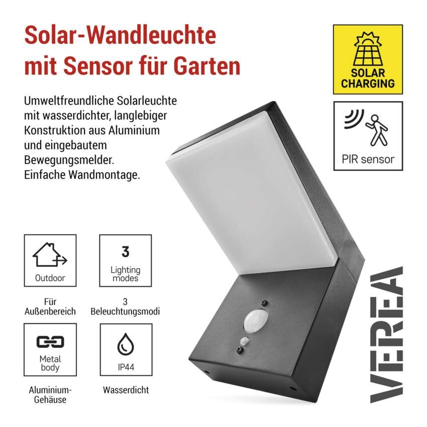 LED Solar-Garten-Wandleuchte VEREA mit Dämmerungssensor, 10,7 x 15,4 x 13 cm