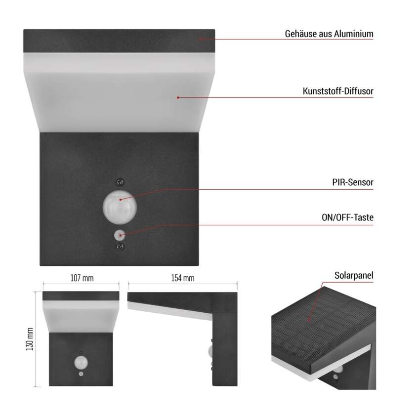 LED Solar-Garten-Wandleuchte VEREA mit Dämmerungssensor, 10,7 x 15,4 x 13 cm