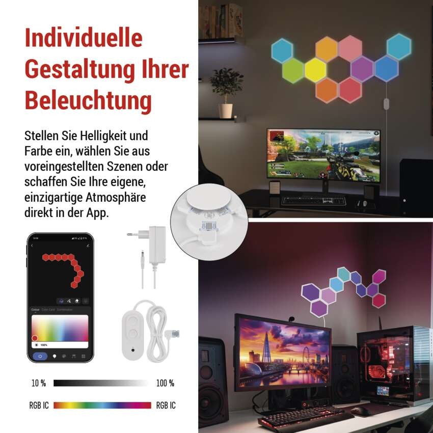 GoSmart LED-Leuchte Hexagon, Starter-Set, 10 Teile, 19 W, RGBIC dimmbar, WiFi