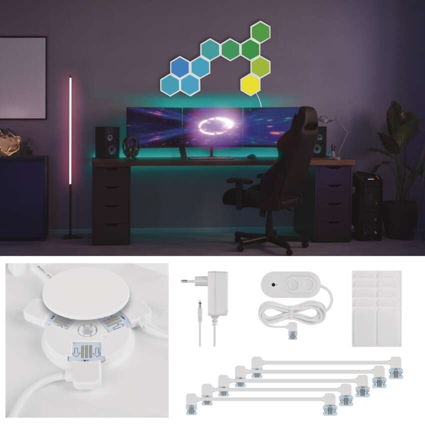GoSmart LED svetilka Hexagon, začet.kom.10 delov, 19 W, RGBIC z možnostjo zatemnitve, WiFi