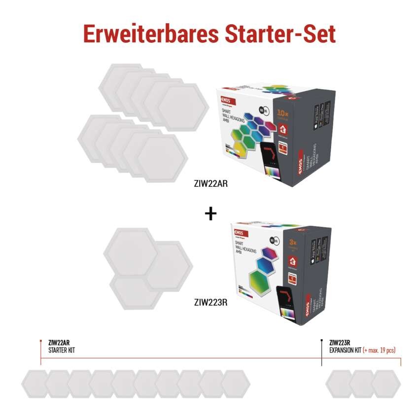 GoSmart LED-Leuchte Hexagon, Starter-Set, 10 Teile, 19 W, RGBIC dimmbar, WiFi