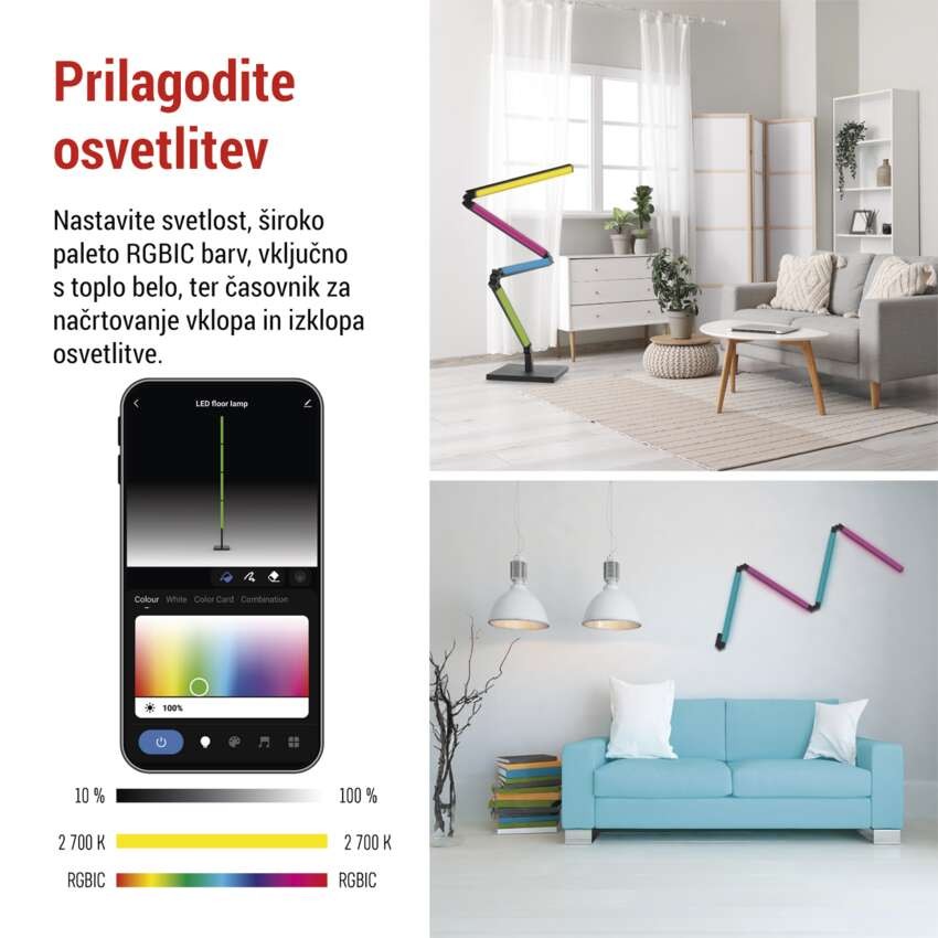 GoSmart LED stoječa svetilka, črna, 175 cm, topla bela / RGBIC WiFi