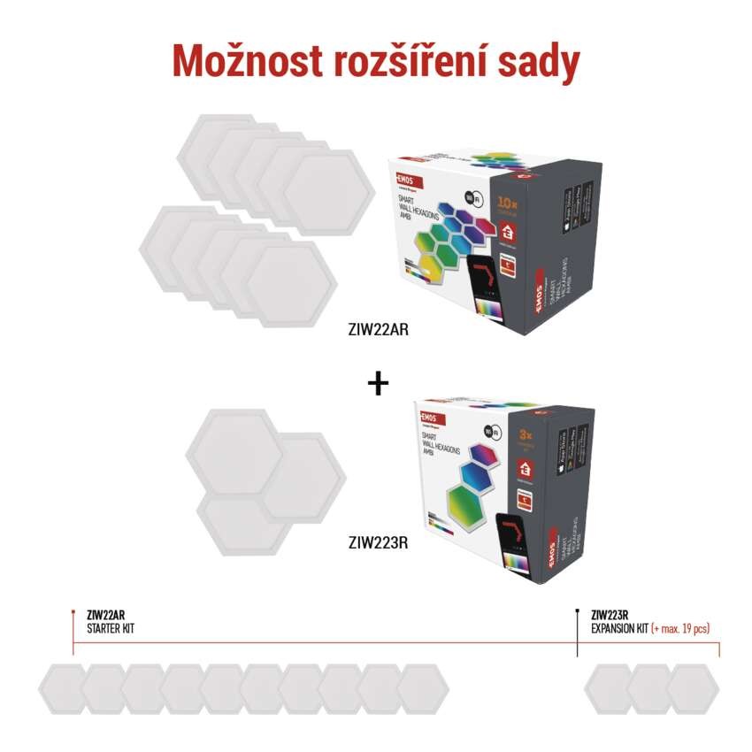 GoSmart LED svítidlo Hexagon, rozšiřující sada, 3 díly, 1,8 W, RGBIC stmívatelné, WiFi