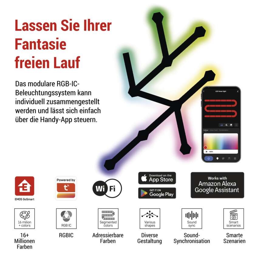 GoSmart LED Leuchte Lines schwarz, 9 Teile, 34 W, RGBIC dimmbar, WiFi