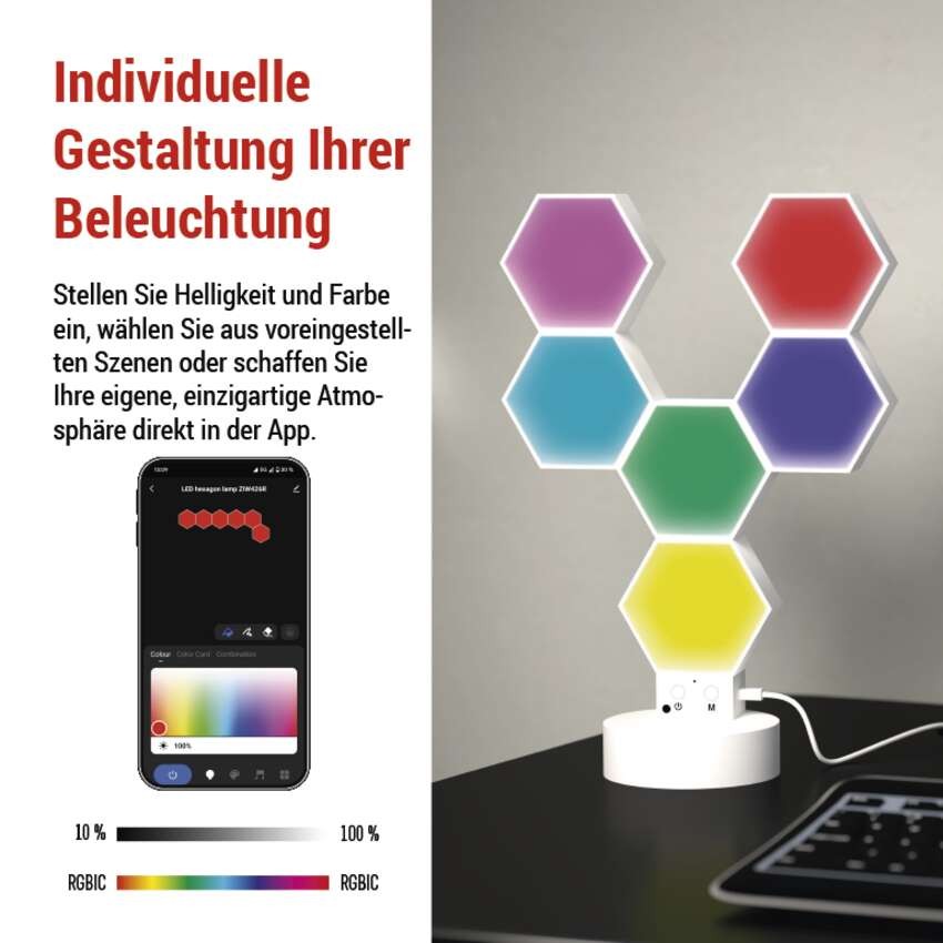 GoSmart LED-Tischleuchte Hexagon weiß, 6-teilig, RGBIC dimmbar, WiFi