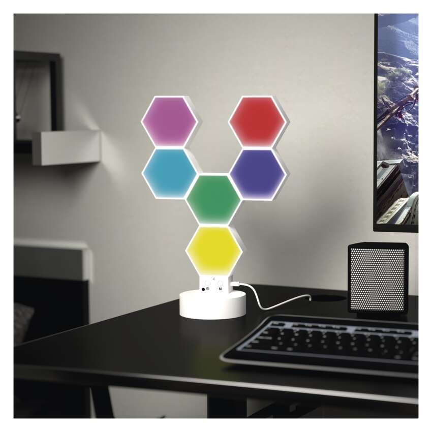 GoSmart LED-Tischleuchte Hexagon weiß, 6-teilig, RGBIC dimmbar, WiFi