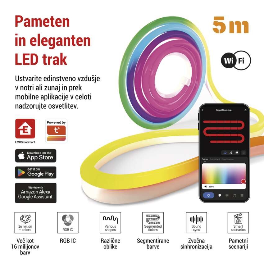 GoSmart Prilagodljiv LED trak NEON bele barve, 5 m, 33 W, RGBICz možnostjo zatemnitve, WiF
